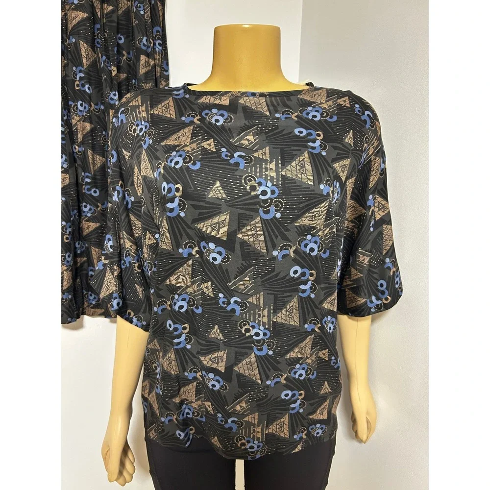 Vintage 80s ILGWU Geometric Print Skirt Set Blue Black Rayon Midi Made in USA